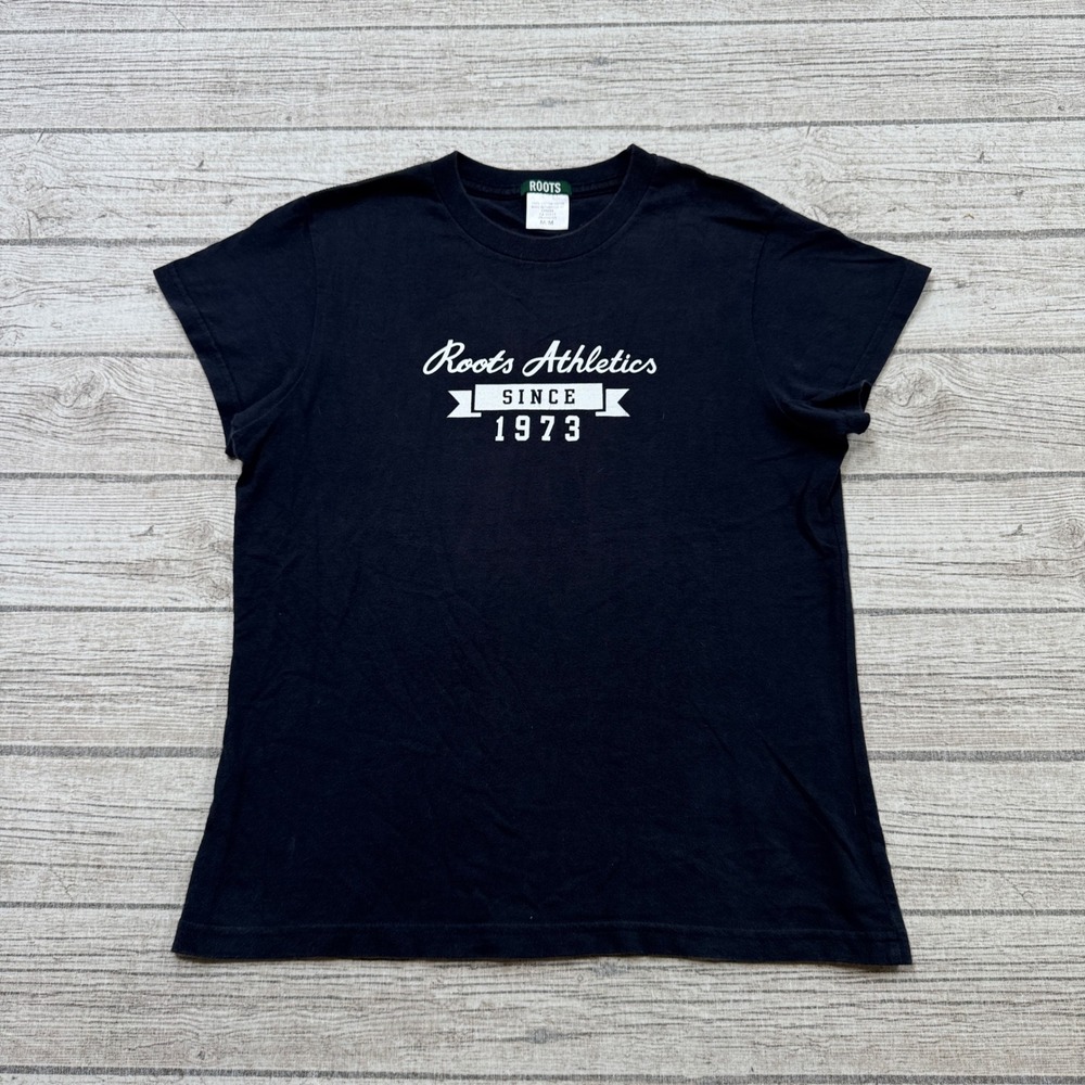 Roots Athletics T-Shirt Women's Medium Black Short Sleeve Athletic Cotton Canada
